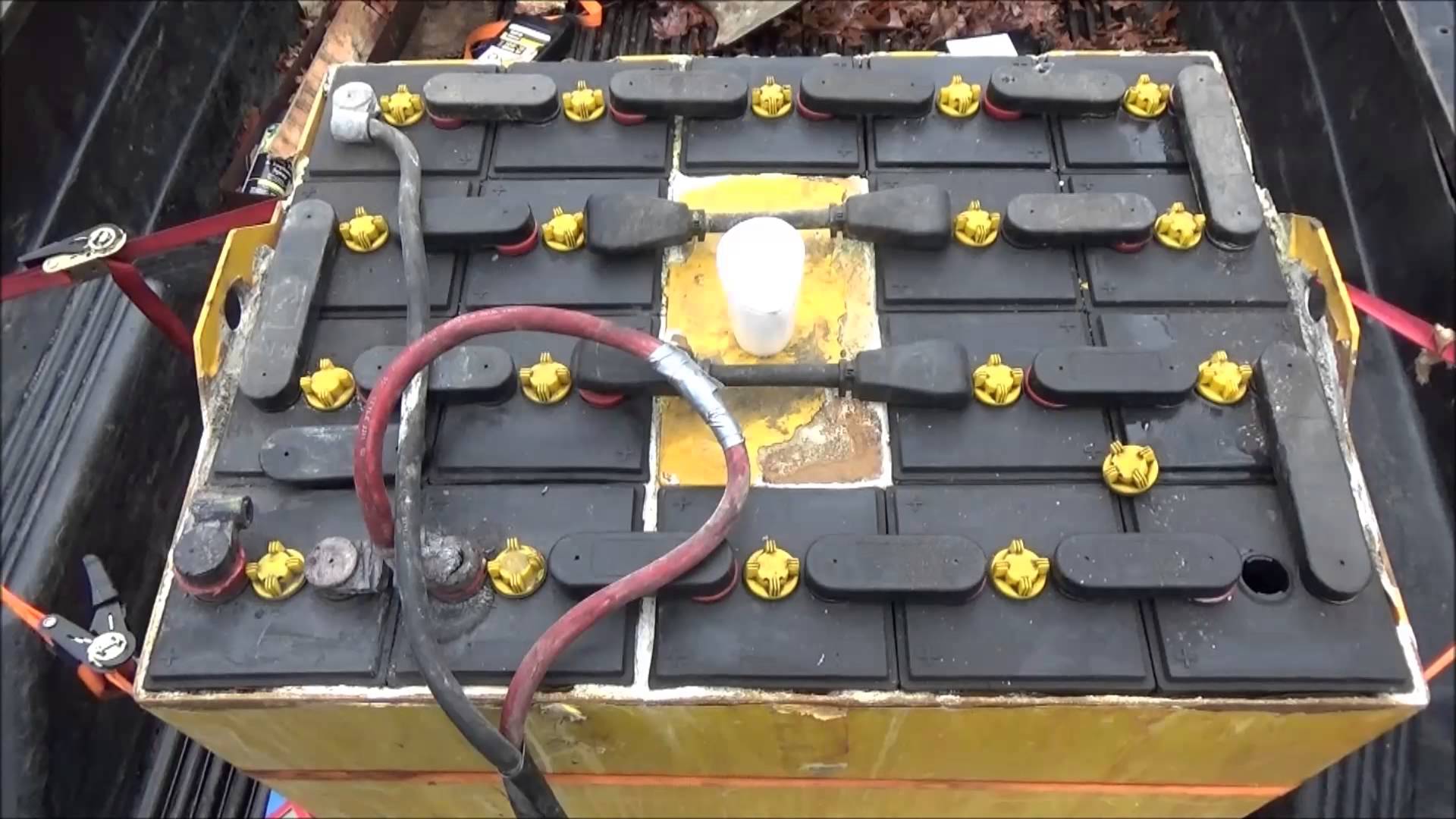 Forklift battery cells undergoing maintenance